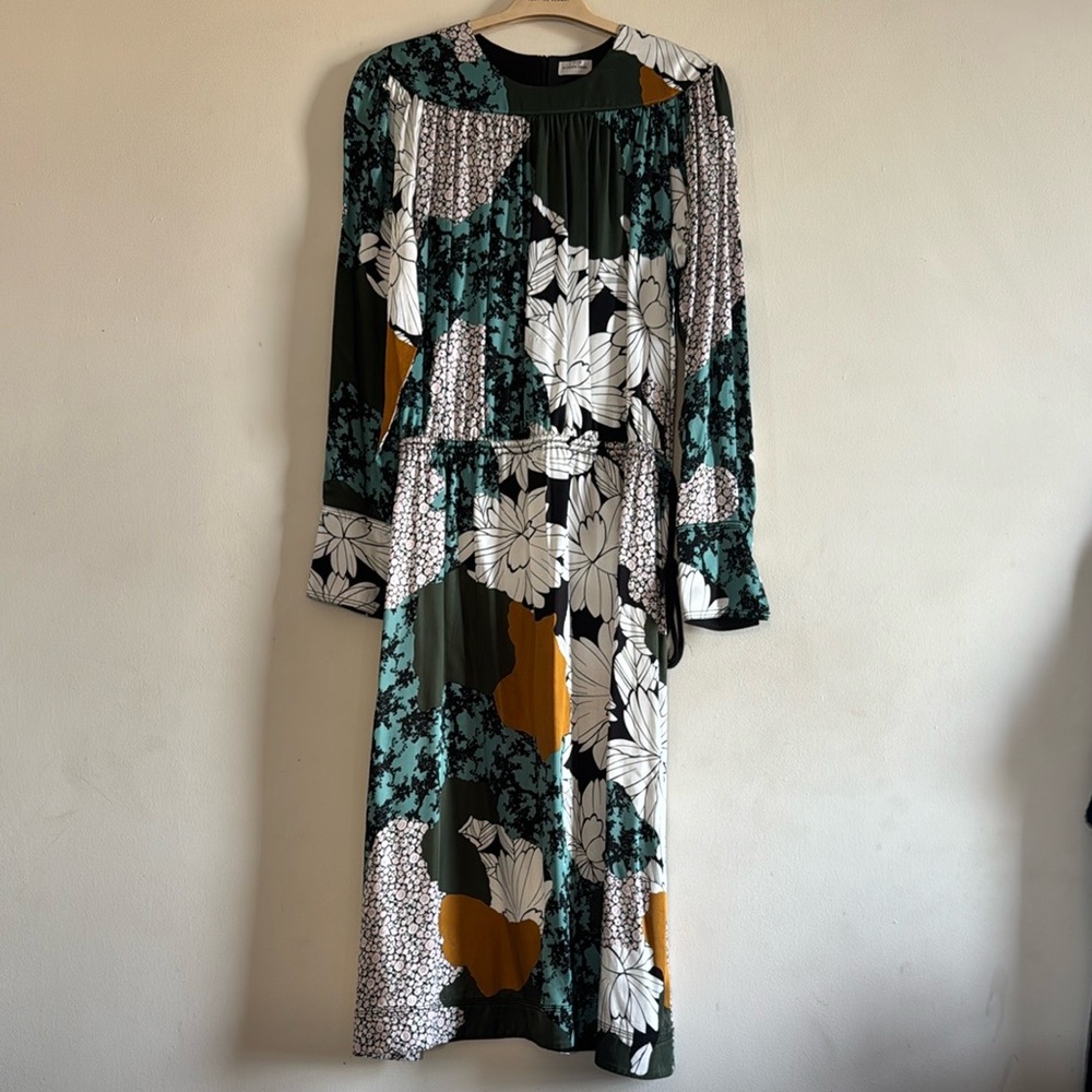 Maline Berger Niella Long Sleeve Dress - Green, White, and Gold